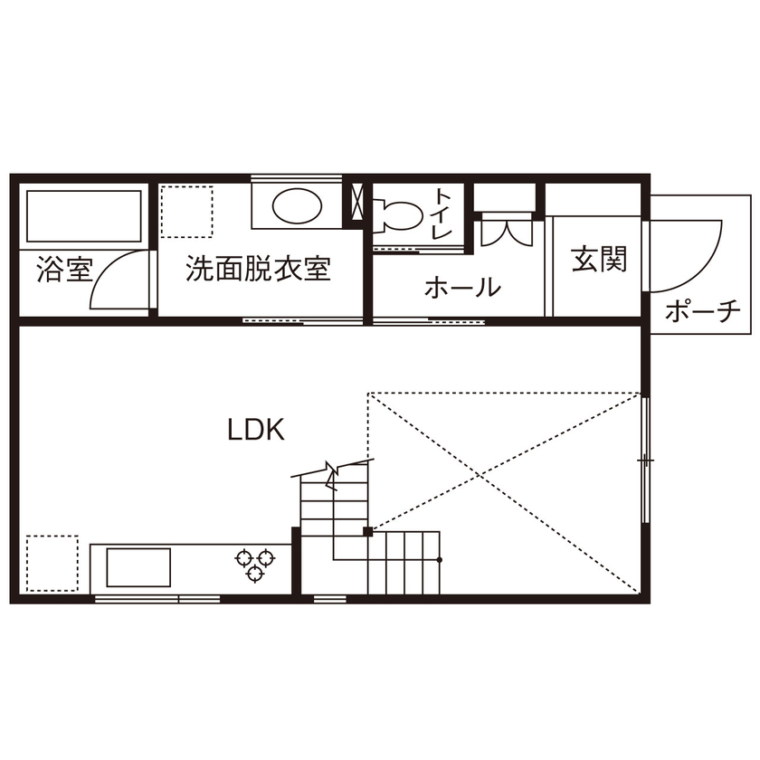 さいが設計工務 【20坪台/高気密高断熱/漆喰壁/無垢床/吹き抜け/間取り図】365日快適な大空間リビング、家族の絆が深まる家の間取り図（3LDK）1階