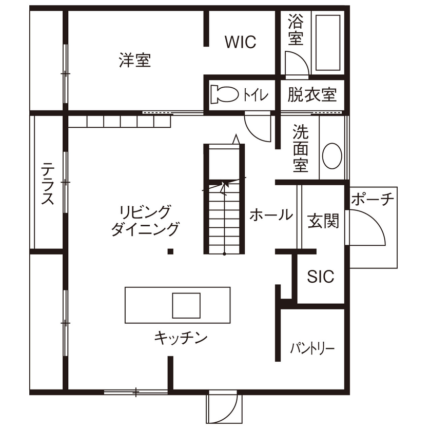 さいが設計工務 【高気密高断熱/漆喰壁・無垢床/吹き抜け/間取り図】365日半袖・素足が気持ちいい！造作家具もお気に入りの間取り図（3LDK）1階