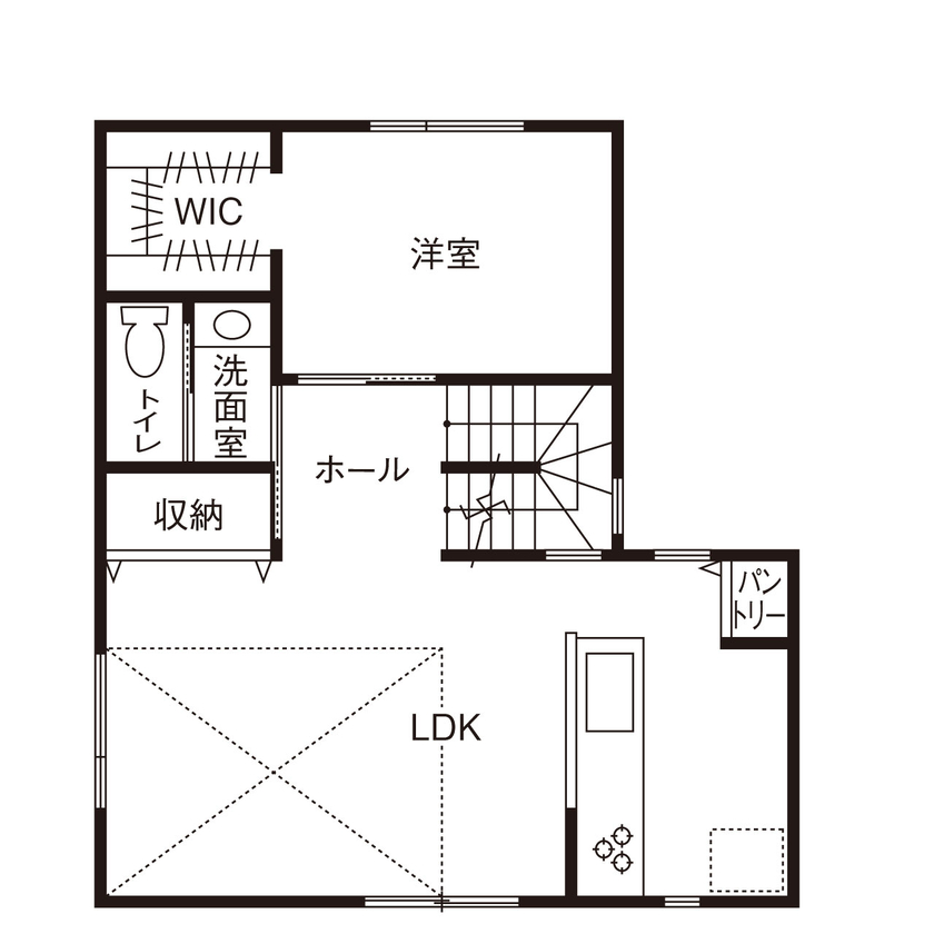 さいが設計工務 【高気密高断熱/漆喰壁・無垢床/2階リビング/間取り図】性能と誠実さで選んだ、趣味を謳歌する「自分の城」の間取り図（3LDK）2階