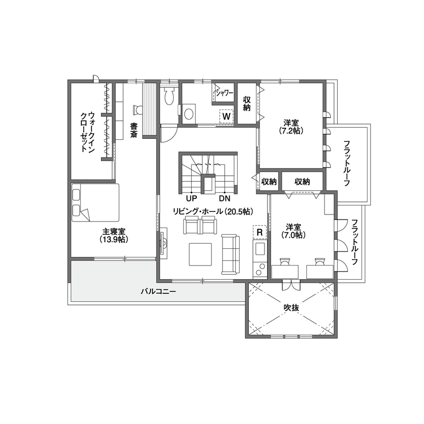 クレバリーホーム ご家族の笑顔があふれる、光熱費ゼロの二世帯住宅の間取り図（5K以上）2階