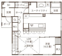 ines HOME (イネスホーム) 【3000～3500万円】木のぬくもりを感じるナチュラルで大人可愛い家の間取り図（4LDK）1階