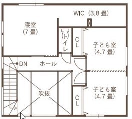 ines HOME (イネスホーム) 【3000～3500万円】木のぬくもりを感じるナチュラルで大人可愛い家の間取り図（4LDK）2階