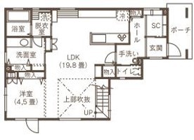 ines HOME (イネスホーム) 【3000～3500万円/石狩市】無機質な素材と自然木が織りなす空間がおしゃれな家の間取り図（4LDK）1階