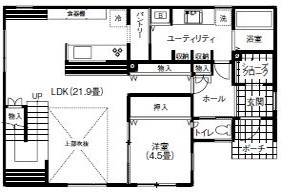 ines HOME (イネスホーム) 【3000～3500万円】ダークブラウンな空間コーディネートがおしゃれな家の間取り図（4LDK）１階