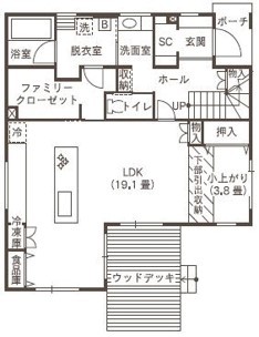 ines HOME (イネスホーム) 【3000～3500万円】憧れのアイランドキッチンがあるナチュラルモダンな家の間取り図（4LDK）1階