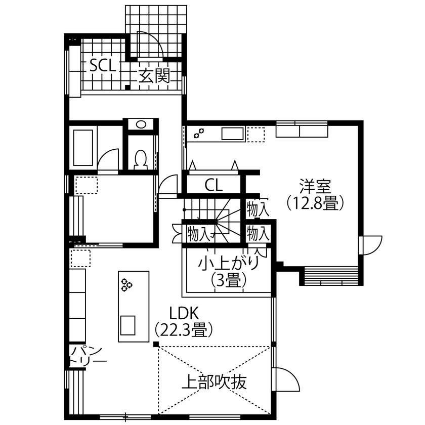 ines HOME (イネスホーム) 【3500～4000万円/将来二世帯】「大きな吹抜け」と「アイランドキッチン」がある家の間取り図（4LDK+小上がり）1階