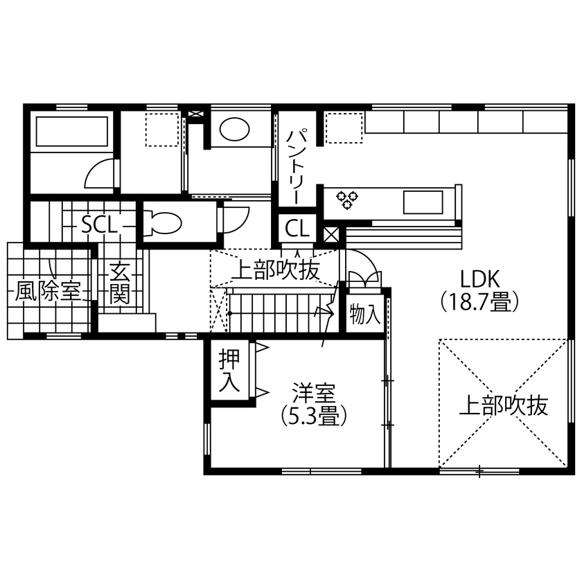ines HOME (イネスホーム) 【2500～3000万円】吹抜けリビングで明るい雰囲気が漂う。落ち着いたブラウンカラーの室内の間取り図（4LDK）1階