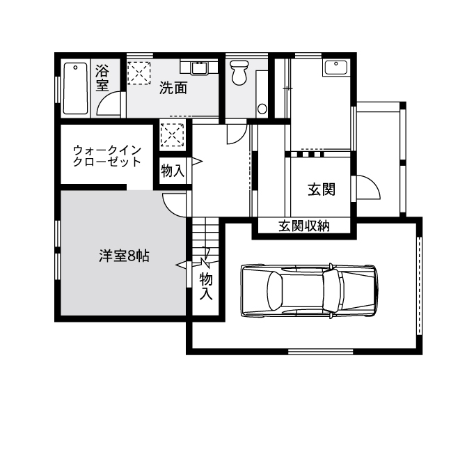寿建設 【全室床暖房×ビルドインガレージ×居酒屋風ダイニング】「和」の風情をお洒落に取り入れたガレージハウスの間取り図（3LDK+車庫）1階