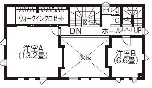 寿建設 【全室床暖房×屋上庭園×ビルトインガレージ×三階建て】理想が叶った愉しさ広がるガレージハウスの間取り図（2LDK+納戸）2階