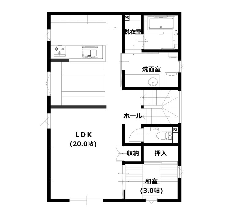 寿建設 【全室床暖房×居酒屋風ダイニング×屋上庭園×ビルトインガレージ】落ち着ける和モダンの広々3階建住まいの間取り図（4LDK）２階