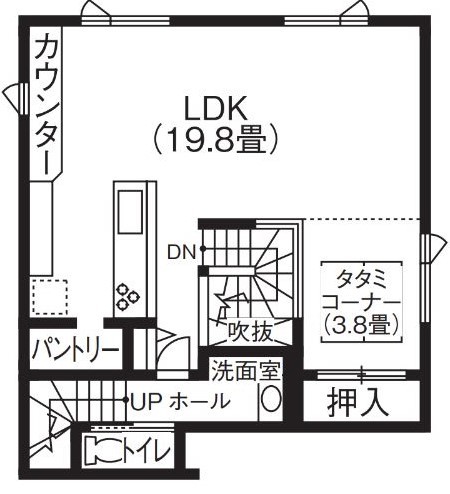 寿建設 【全室床暖房×屋上庭園×三階建て】屋根をつけた屋上庭園で快適な全天候型屋上アウトドアを叶えた住まいの間取り図（3LDK＋趣味室）2階