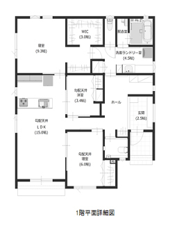 寿建設 【平屋×全室床暖房/明瞭価格】生活動線に加え、 将来設計までも見据えた生活しやすい平屋住まいの間取り図（3LDK）1階