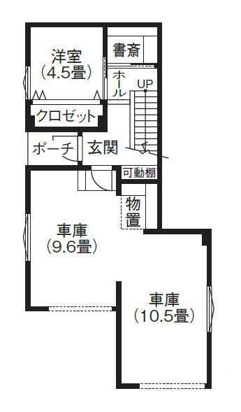 寿建設 【床暖房×ビルトインガレージ2台×２階リビング】 妥協しない家づくりで実現した夢のガレージハウスの間取り図（2LDK+ガレージ+書斎）1階
