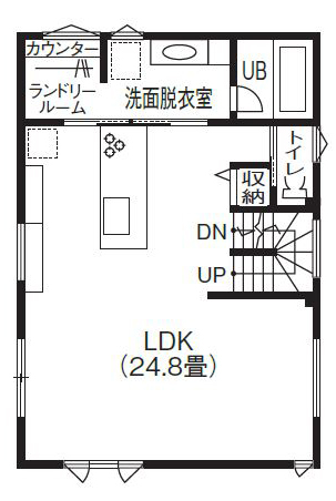 寿建設 【全室床暖房×２階リビング×屋上庭園×延床45坪】 休日をリゾートにした、屋根のある屋上庭園の間取り図（3LDK+フリースペース）2階