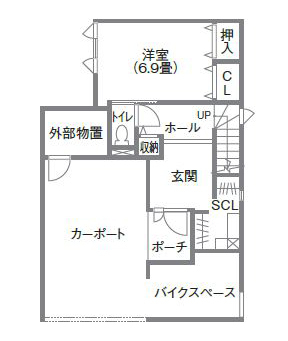 寿建設 【全室床暖房×ビルドインガレージ×スキップフロア×屋上庭園】 子どもがのびのびと遊び学ぶガレージハウスの間取り図（4LDK＋書斎）1階
