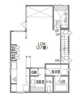 寿建設 【全室床暖房×ビルドインガレージ×スキップフロア×屋上庭園】 子どもがのびのびと遊び学ぶガレージハウスの間取り図（4LDK＋書斎）2階