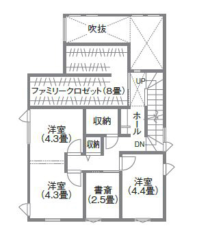 寿建設 【全室床暖房×ビルドインガレージ×スキップフロア×屋上庭園】 子どもがのびのびと遊び学ぶガレージハウスの間取り図（4LDK＋書斎）3階