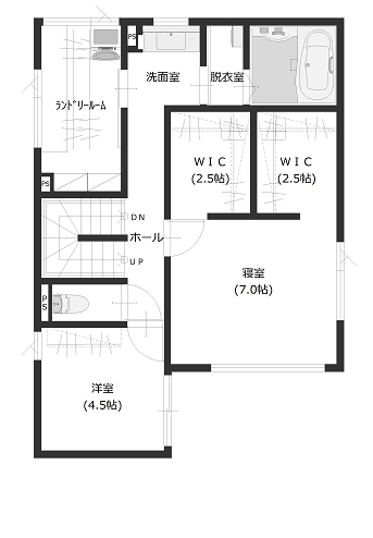 寿建設 【床暖房×ビルトインガレージ×屋上庭園×三階建て】理想の足し算で叶えた、ホテルライクなガレージハウスの間取り図（3LDK+ガレージ+SCL）2階