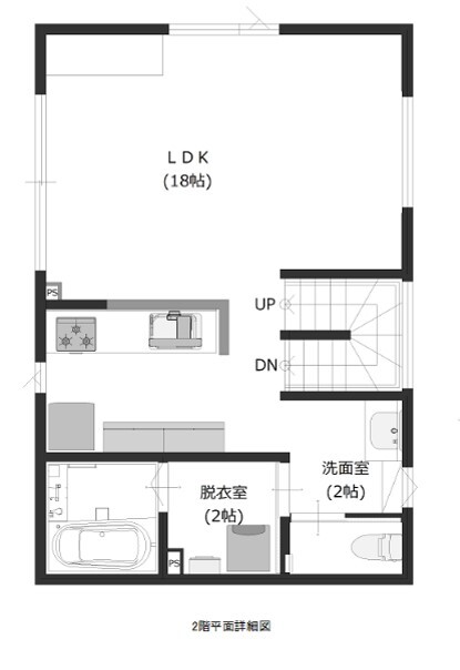 寿建設 【三階建て×屋上庭園×全館空調】 望みを叶えた子育て家事動線の住まいの間取り図（4LDK）2階