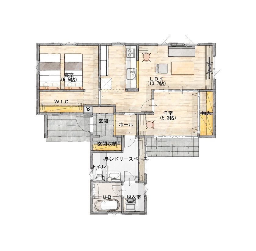 優プラン 【松本市/平屋住宅/間取り有/収納充実】開放的な間仕切れるリビング、床暖房で暖かい平屋の家の間取り図（1LDK）1階