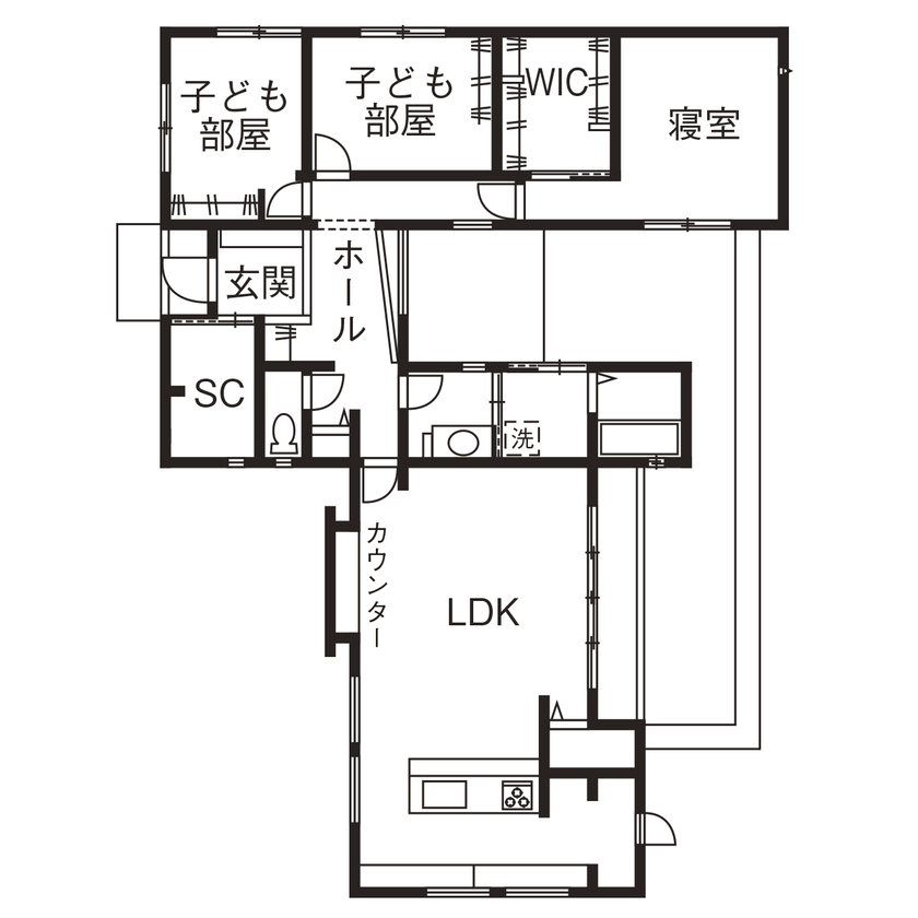 ZENSYU-HOUSE 【平屋/約34坪】シンプルでモダンな空間　家族が繋がる暮らしやすい住まいの間取り図（3LDK）1階