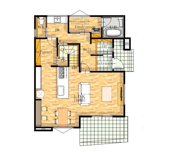 かなう家 【太田市】タイルデッキ+回遊動線+広々収納のあるお家の間取り図（3LDK）1階