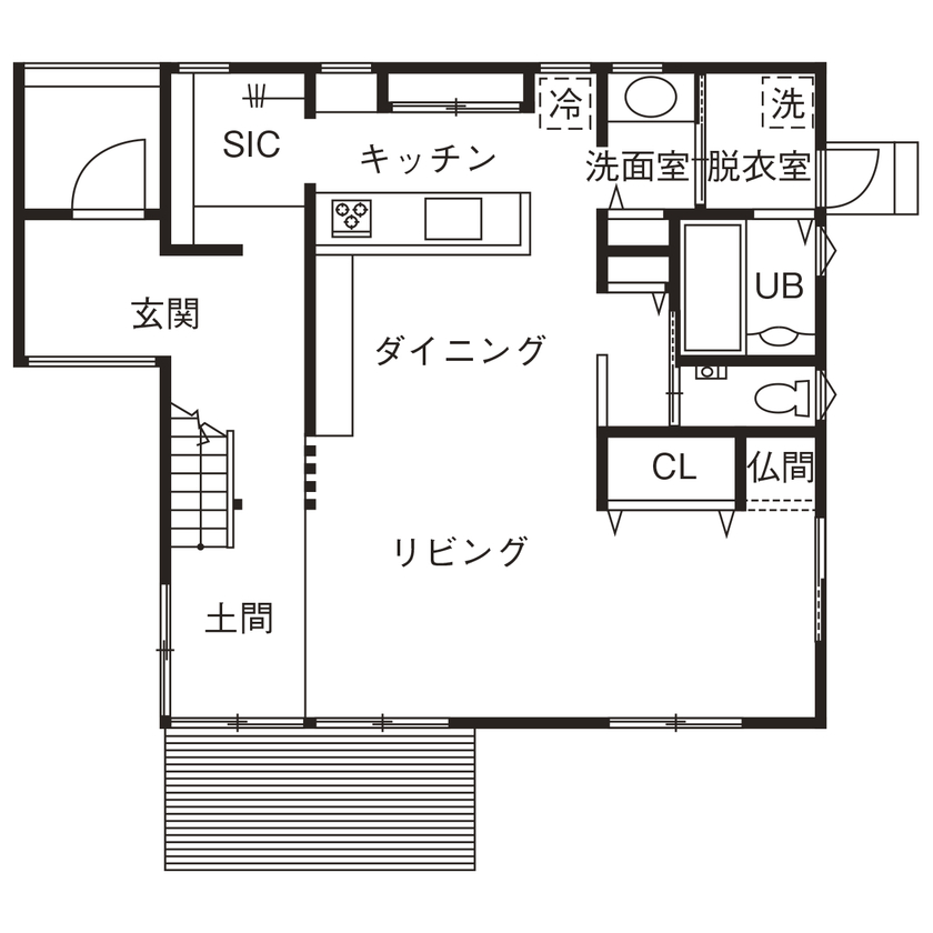 トモノ建築設計事務所 【ナチュラル/間取り図有】緑に囲まれた土間のある家の間取り図null１階