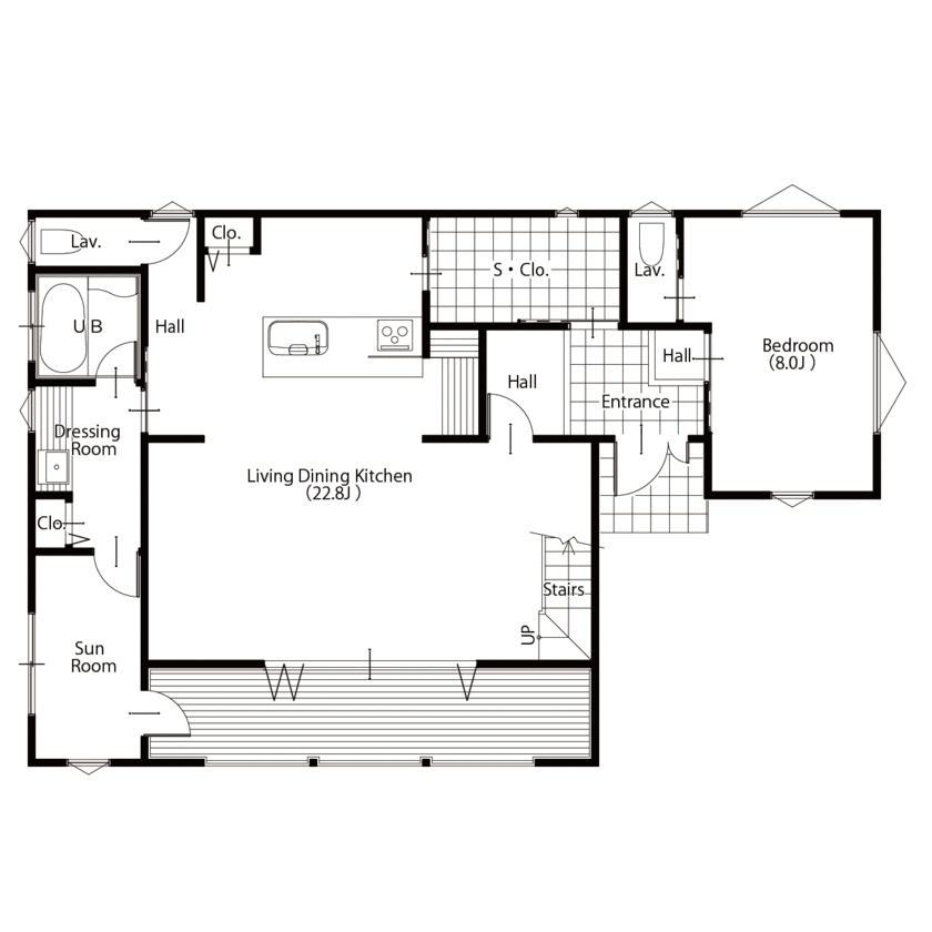 伊地知組 海岸沿いの風景にぴったりな真っ白い外観。高い吹き抜けの天井で、室内は開放的！の間取り図（4LDK）1階
