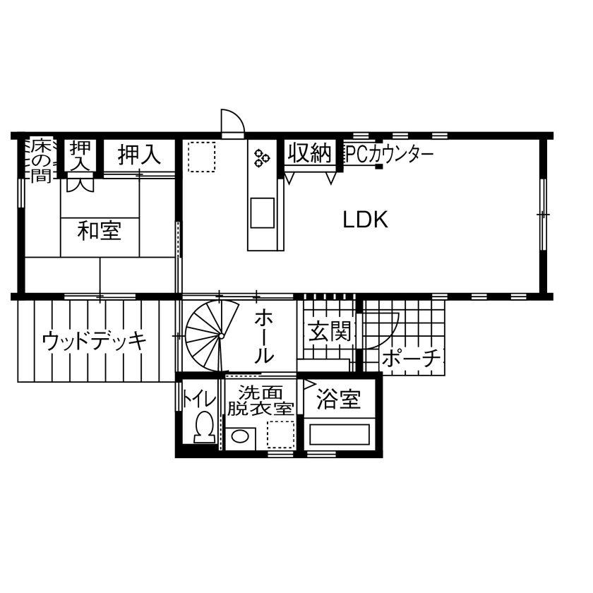 Art Yoshikawa設計事務所 吉川住建 【1000万円台/間取り30坪台/小屋裏/吹き抜け】家事ラク＋らせん階段が魅力。光と風が心地よい家の間取り図（4LDK＋フリースペース）1階