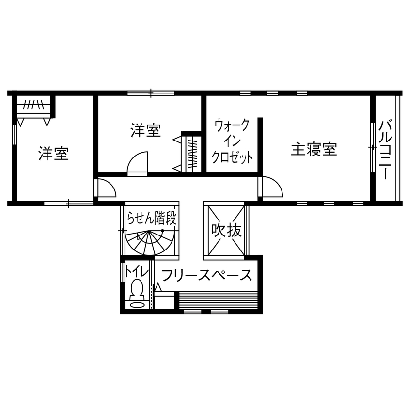Art Yoshikawa設計事務所 吉川住建 【1000万円台/間取り30坪台/小屋裏/吹き抜け】家事ラク＋らせん階段が魅力。光と風が心地よい家の間取り図（4LDK＋フリースペース）2階