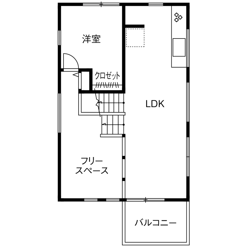 Art Yoshikawa設計事務所 吉川住建 【1000万円台|間取り図|スキップフロア】陽当たりのいい2階リビング、スキップフロアのおしゃれな家の間取り図（4LDK＋スキップフロア）2階