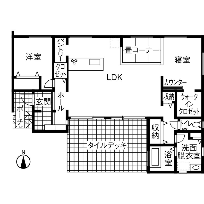 Art Yoshikawa設計事務所 吉川住建 【豊田市|2000万円台|平屋|テクノストラクチャー】約14.5畳のタイルデッキと21.7畳のLDKの大空間の家の間取り図（2LDK）1階