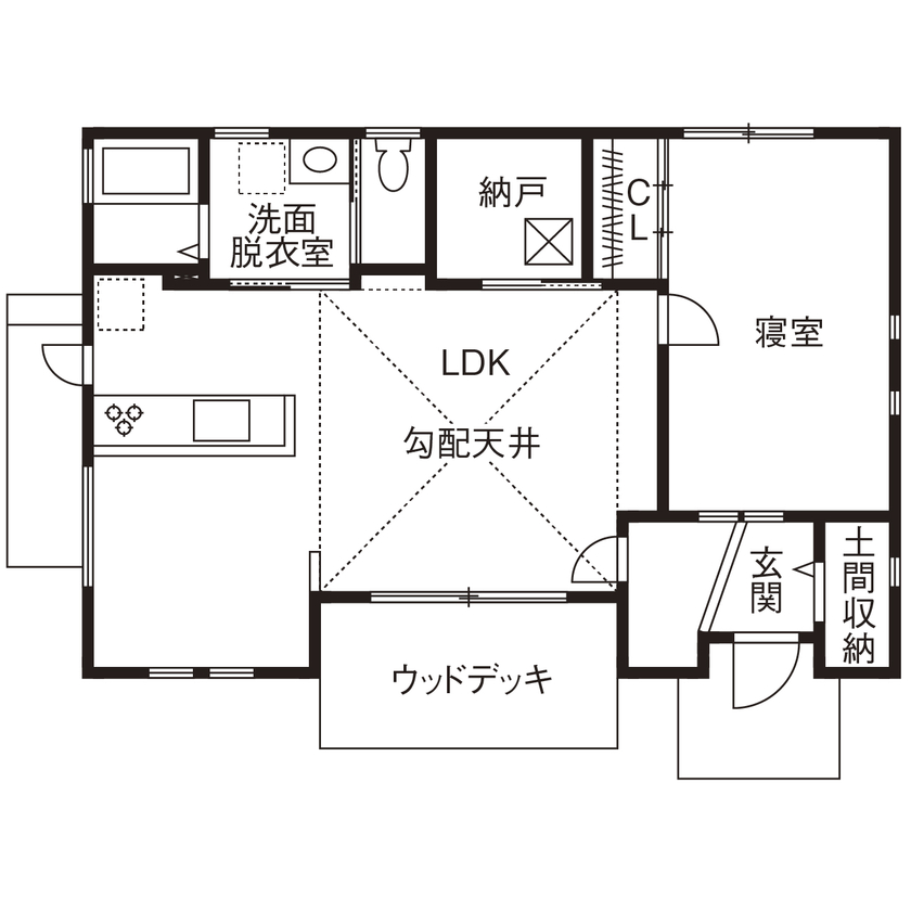 Art Yoshikawa設計事務所 吉川住建 【日進市|1000万円台|平屋|テクノストラクチャー】夫婦と愛犬と。アメリカ製家具が並ぶ1LDKの豊かな暮らしの間取り図（1LDK+納戸+土間収納）1階