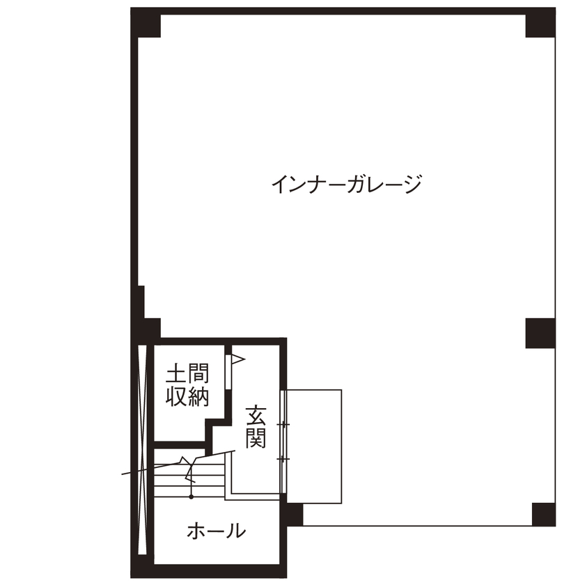 Art Yoshikawa設計事務所 吉川住建 【岡崎市|2000万円台|RC混合造|インナーガレージ】平屋感覚の家。愛犬と楽しむ庭、星空を眺めるバスルームの間取り図（2LDK+車庫+土間収納）1階