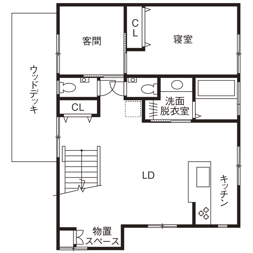 Art Yoshikawa設計事務所 吉川住建 【岡崎市|2000万円台|RC混合造|インナーガレージ】平屋感覚の家。愛犬と楽しむ庭、星空を眺めるバスルームの間取り図（2LDK+車庫+土間収納）2階