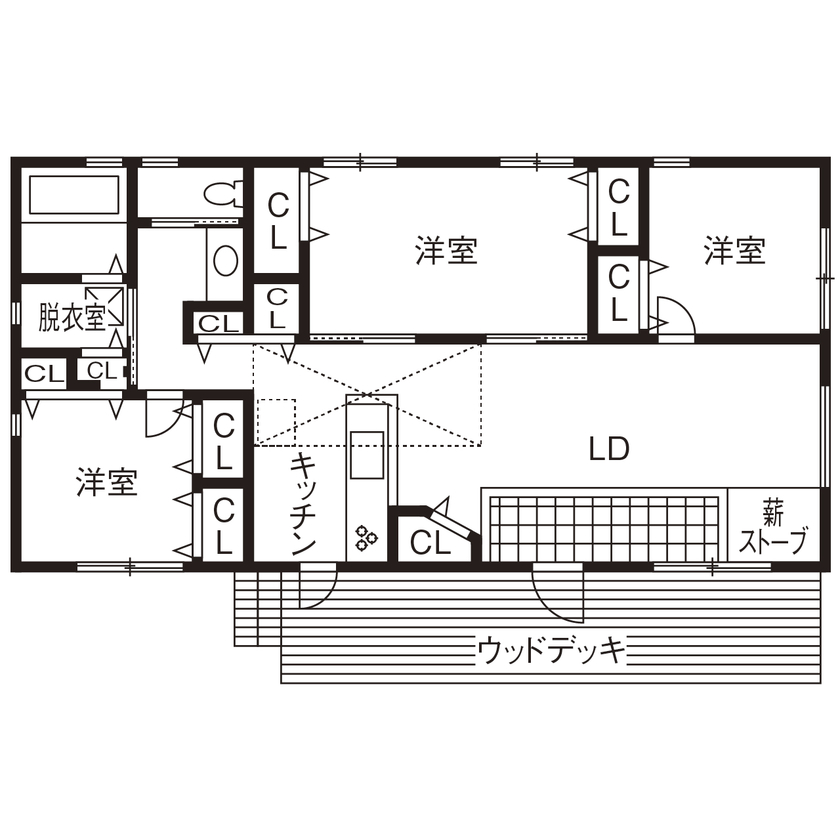 Art Yoshikawa設計事務所 吉川住建 【岡崎市|1000万円台|平屋|薪ストーブ】子育て中も、子どもが巣立った将来も暮らしやすいコンパクトな平屋の間取り図（3LDK+ロフト）1階