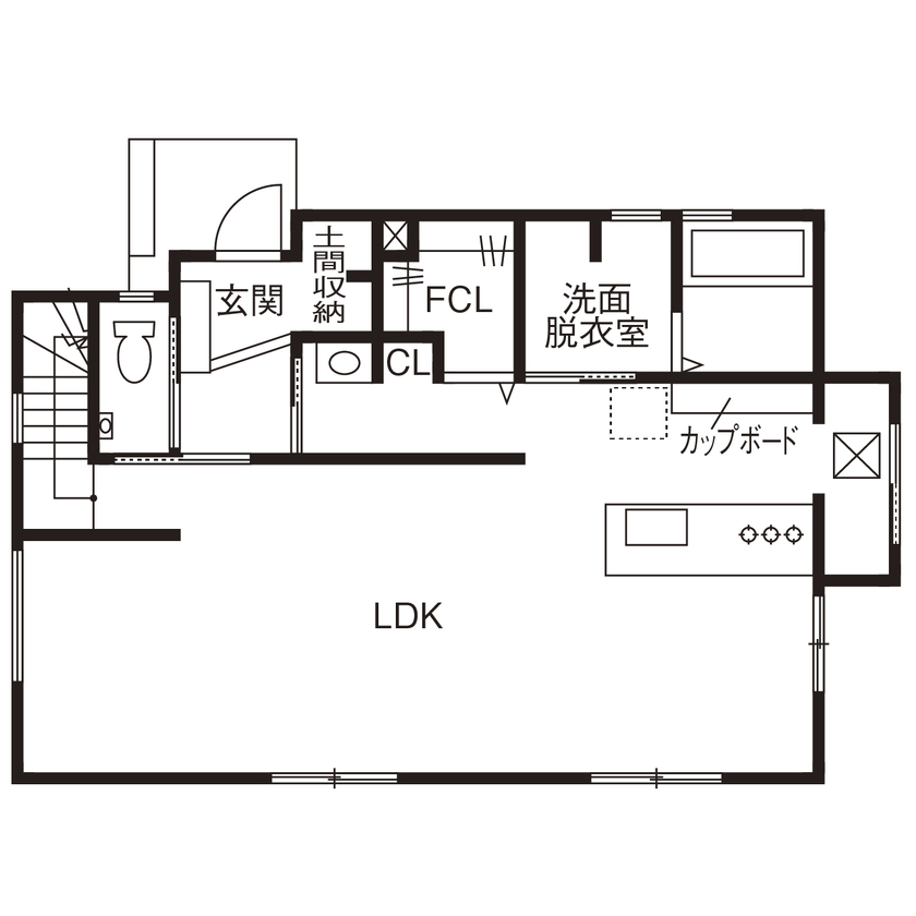 Art Yoshikawa設計事務所 吉川住建 【西尾市|1000万円台|30坪台】テクノストラクチャーの特長を活かした大空間LDKに、家事ラクな水まわり動線の間取り図（3LDK+FCL+小屋裏収納）1階
