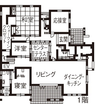Art Yoshikawa設計事務所 吉川住建 モダンなデザインで機能的。サンルームやファミリールームのある間取りで家族みんなが快適に暮らせる家の間取り図（5K以上）1階