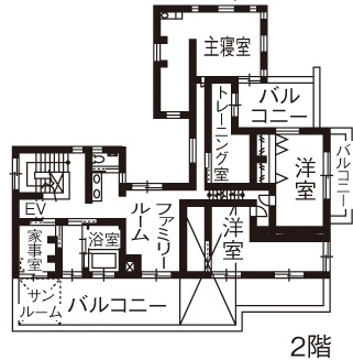 Art Yoshikawa設計事務所 吉川住建 モダンなデザインで機能的。サンルームやファミリールームのある間取りで家族みんなが快適に暮らせる家の間取り図（5K以上）2階