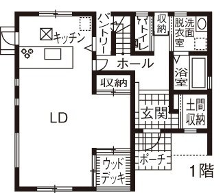 Art Yoshikawa設計事務所 吉川住建 立地、プラン、デザイン、担当者の対応、すべてが満足！インナーウッドデッキと沢山の収納で快適な暮らしをの間取り図（2LDK）1階