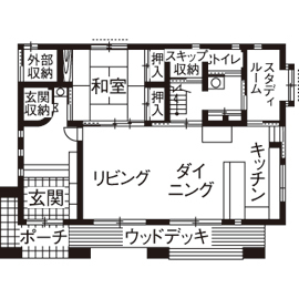Art Yoshikawa設計事務所 吉川住建 提案された『イマガワ』の木材の肌ざわりや美しさを「日々実感します」。子育て、家事楽動線で暮らし快適にの間取り図（6LDK）1階