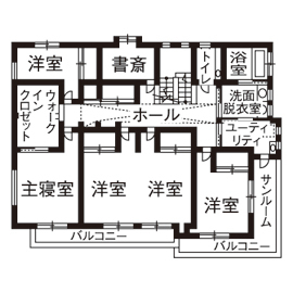 Art Yoshikawa設計事務所 吉川住建 提案された『イマガワ』の木材の肌ざわりや美しさを「日々実感します」。子育て、家事楽動線で暮らし快適にの間取り図（6LDK）2階