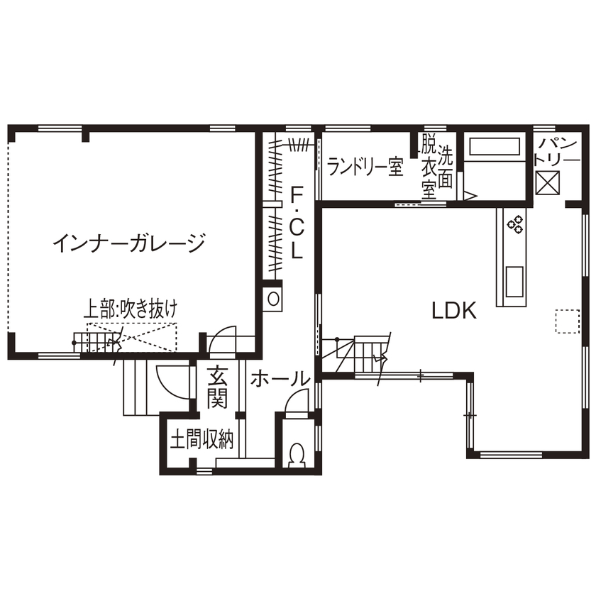 Art Yoshikawa設計事務所 吉川住建 【日進市|2000万円台|テクノストラクチャー|ビルトインガレージ】大型SUVが並ぶ車好き夫婦のガレージハウスの間取り図（4LDK+車庫+FCL）1階
