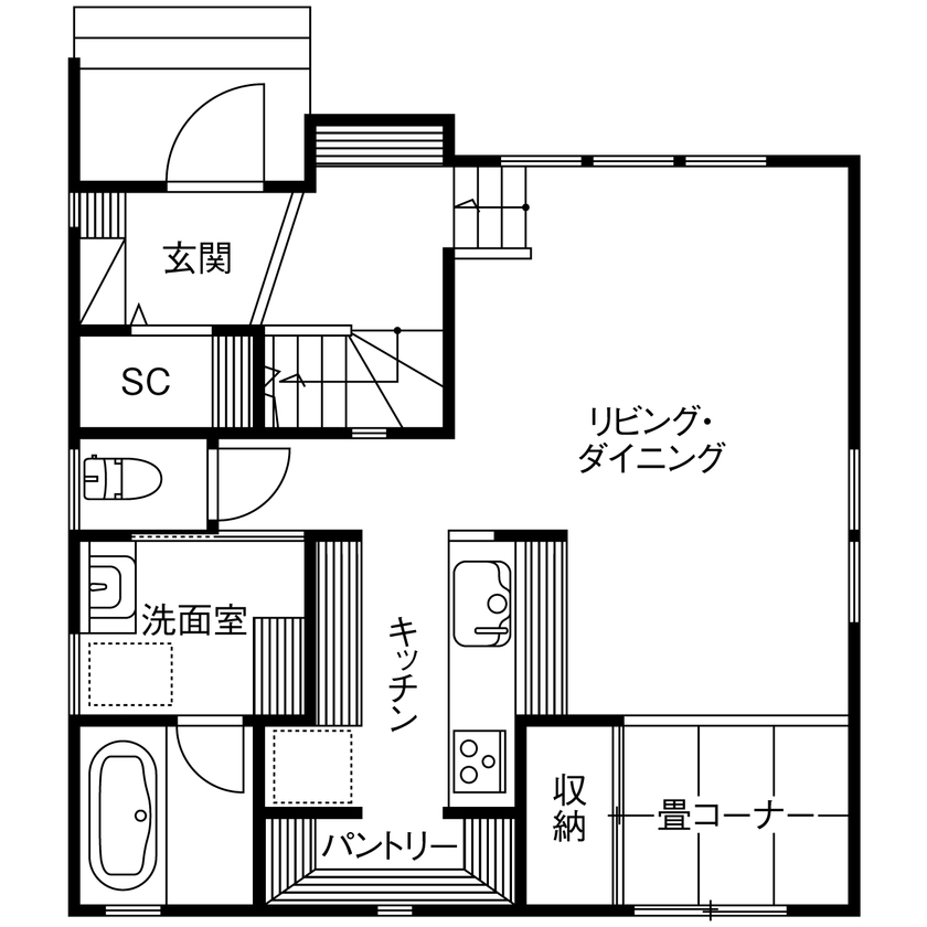 夢工房だいあん 【3000万円台／横浜市／SE構法／30坪台】難解な旗竿敷地のデメリットを感じさせない、明るく快適な住まいの間取り図（3LDK+畳コーナー）1階
