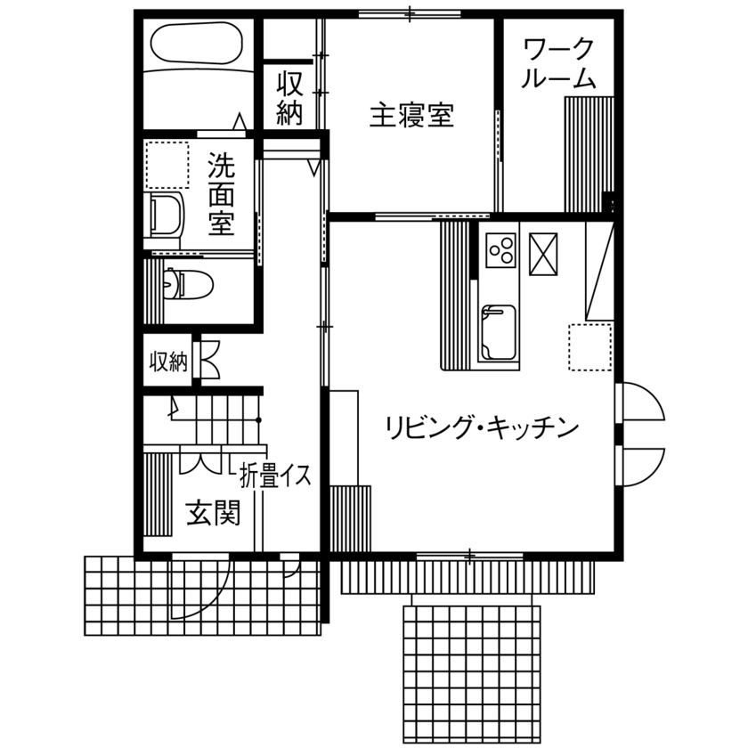 夢工房だいあん 【SE構法／収納充実／延床28.2坪／間取り有】かね勾配屋根のある山小屋風のお家でスローライフを満喫の間取り図（2LK＋ワークルーム）1階