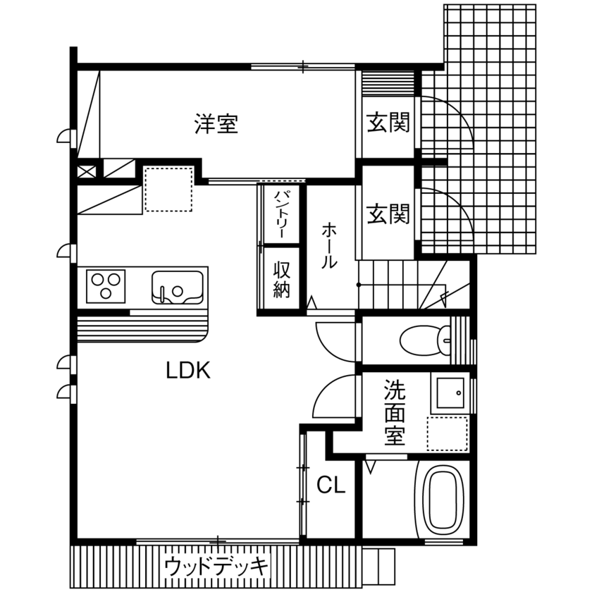 夢工房だいあん 【30坪台／SE構法／3階建て／間取り有】使ったクロスは30種類以上！完全分離でストレスフリーな二世帯住宅の間取り図（1LDK+2LDK+WIC）１階