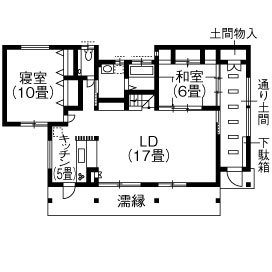 広和木材 【間取図有｜平屋風×古民家風】工場で木材を厳選。木が気持ちいい、四季の風景と暮らす古民家風の家の間取り図（3LDK）1階