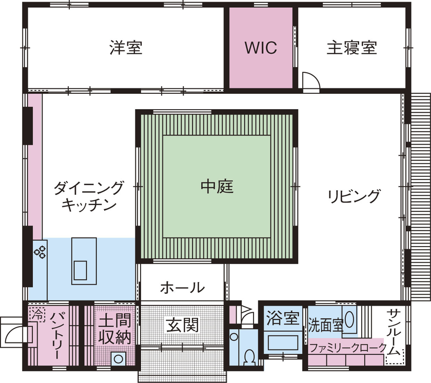広和木材 【平屋/回遊動線/50坪台/2LDK/間取り図】中庭がもたらす圧倒的な明るさと開放感。風が通る木が心地よい平屋の間取り図（2LDK）１階