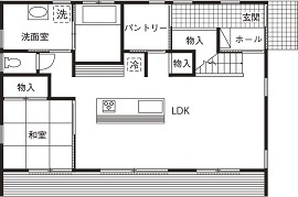エイ・ワン(A-1 home) 【36.6 坪/1550万円/2F/間取り有】光降る吹抜けのLDKに家族が集う、総無垢仕上げの２階建ての間取り図（3LDK）１階