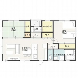 エイ・ワン(A-1 home) 【22.2坪/1160万円/平屋/間取り有】ブラック×無垢材のコントラストが印象的なふたり暮らしサイズの平屋の間取り図（2LDK）１階